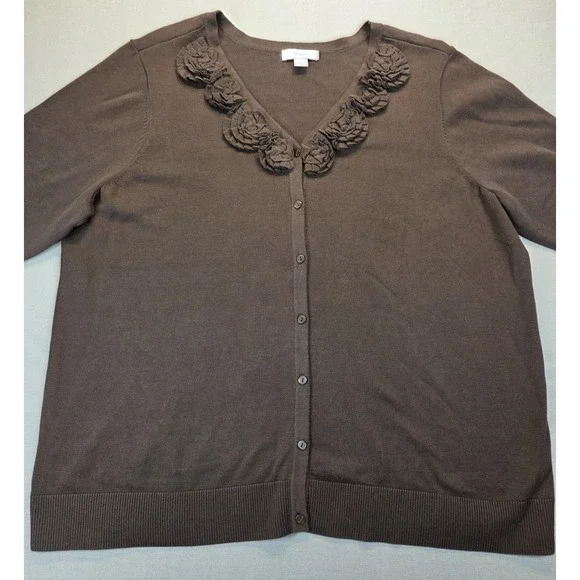 CJ Banks 3X Cardigan Brown 3D Floral Light 100% Cotton Office Staple 3/4 Sleeve - Picture 1 of 8
